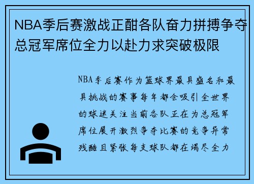 NBA季后赛激战正酣各队奋力拼搏争夺总冠军席位全力以赴力求突破极限