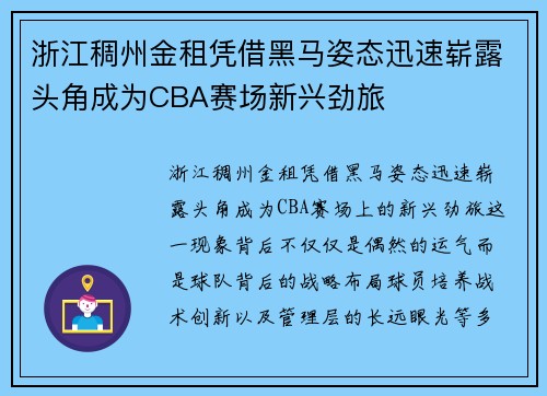 浙江稠州金租凭借黑马姿态迅速崭露头角成为CBA赛场新兴劲旅 浙江稠州金租凭借黑马姿态迅速崭露头角成为CBA赛场新兴劲旅